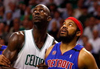 BOSTON - MAY 28:  Rasheed Wallace #36 and Richard Hamilton #32 of the Detroit Pistons box out against Kevin Garnett #5 of the Boston Celtics during Game Five of the Eastern Conference finals during the 2008 NBA Playoffs at TD Banknorth Garden on May 28, 2008 in Boston, Massachusetts. NOTE TO USER: User expressly acknowledges and agrees that, by downloading and/or using this photograph, user is consenting to the terms and conditions of the Getty Images License Agreement.  (Photo by Jim Rogash/Getty Images)