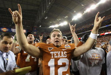 GLENDALE, AZ - JANUARY 05:  Quarterback Colt McCoy #12 of the Texas Longhorns celebrates after defeating the Ohio State Buckeyes in the Tostitos Fiesta Bowl Game on January 5, 2009 at University of Phoenix Stadium in Glendale, Arizona. The Longhorns defeated the Buckeyes 24-21  (Photo by Jed Jacobsohn/Getty Images)