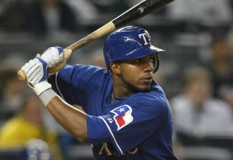 NEW YORK - JUNE 03:  Elvis Andrus #1 of the Texas Rangers bats against the New York Yankees on June 3, 2009 at Yankee Stadium in the Bronx borough of New York City.  (Photo by Nick Laham/Getty Images)
