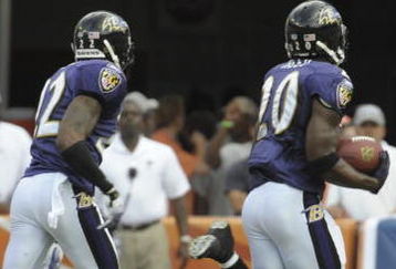 MIAMI, FL - JANUARY 4:  Safety Ed Reed #20 of the Baltimore Ravens returns an interception for a touchdown against the Miami Dolphins in an NFL Wildcard Playoff Game at Dolphins Stadium on January 4, 2009 in Miami, Florida.  (Photo by Al Messerschmidt/Getty Images) 
