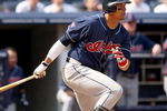 NEW YORK - APRIL 19:  Victor Martinez #41 of the Cleveland Indians bats against the New York Yankees at Yankee Stadium on April 19, 2009 in the Bronx borough of New York City.  (Photo by Ezra Shaw/Getty Images)