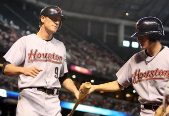 PHOENIX - JUNE 14:  Hunter Pence #9 of the Houston Astros scores a run during the major league baseball game against the Arizona Diamondbacks  at Chase Field on June 14, 2009 in Phoenix, Arizona.   The Astros defeated the Diamondbacks 8-3.  (Photo by Christian Petersen/Getty Images)