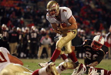 COLLEGE PARK, MD - NOVEMBER 22:  Christian Ponder #7 of the Florida State Seminoles runs the ball in for a touchdown against the Maryland Terrapins on November 22, 2008 at Byrd Stadium in College Park, Maryland.  (Photo by Jim McIsaac/Getty Images)
