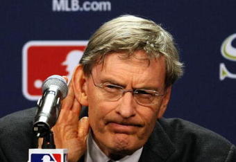 PHILADELPHIA - OCTOBER 27:  Major League Baseball commissioner Bud Selig listens to a question from the media after explaining the rules involved with suspending game five of the 2008 MLB World Series between the Philadelphia Phillies and the Tampa Bay Rays till 8:00 pm (EST) on October 28 at the earliest of the Philadelphia Phillies at a press conference on October 27, 2008 at Citizens Bank Park in Philadelphia, Pennsylvania.  (Photo by Elsa/Getty Images)