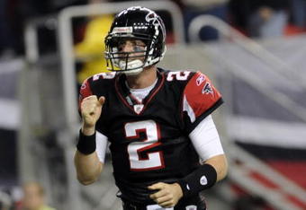 ATLANTA - NOVEMBER 23: Quarterback Matt Ryan #2 of the Atlanta Falcons cheers a touchdown against the Carolina Panthers at the Georgia Dome on November 23, 2008 in Atlanta, Georgia.  (Photo by Al Messerschmidt/Getty Images) 
