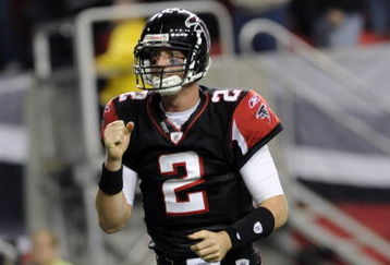 ATLANTA - NOVEMBER 23: Quarterback Matt Ryan #2 of the Atlanta Falcons cheers a touchdown against the Carolina Panthers at the Georgia Dome on November 23, 2008 in Atlanta, Georgia.  (Photo by Al Messerschmidt/Getty Images) 