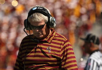 LOS ANGELES, CA - OCTOBER 11:  Head coach Dennis Erickson of the Arizona State Sun Devils works on the sidelines during the game against the USC Trojans on October 10, 2008 at the Los Angeles Coliseum in Los Angeles, California.  USC won 28-0.  (Photo by Stephen Dunn/Getty Images)