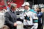 MONTREAL, QC - JUNE 27:  William Wrenn of the San Jose Sharks greets members of the front office after being drafted by the Sharks in the second round during the 2009 NHL Entry Draft at the Bell Centre on June 27, 2009 in Montreal, Quebec, Canada. (Photo by Bruce Bennett/Getty Images) 