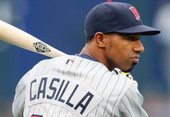 KANSAS CITY, MO - MAY 28:  Alexi Casilla #25 of the Minnesota Twins stands ready at bat during warm-ups before the game against the Kansas City Royals on May 28, 2008 at Kauffman Stadium in Kansas City, Missouri. (Photo by G. Newman Lowrance/Getty Images)