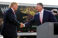 GREEN BAY, WI - JUNE 22:  Vince McMahon (R) and Donald Trump attend a press conference about the WWE at the Austin Straubel International Airport on June 22, 2009 in Green Bay, Wisconsin.  (Photo by Mark A. Wallenfang/Getty Images)
