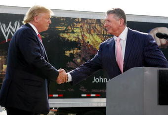 GREEN BAY, WI - JUNE 22:  Vince McMahon (R) and Donald Trump attend a press conference about the WWE at the Austin Straubel International Airport on June 22, 2009 in Green Bay, Wisconsin.  (Photo by Mark A. Wallenfang/Getty Images)