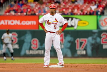 ST. LOUIS - APRIL 9: Albert Pujols #5 of the St. Louis Cardinals stands at second base during the MLB game against the Pittsburgh Pirates on April 9, 2009 at Busch Stadium in St. Louis, Missouri.  The Cardinals defeated the Pirates 2-1.  (Photo by Dilip Vishwanat/Getty Images)