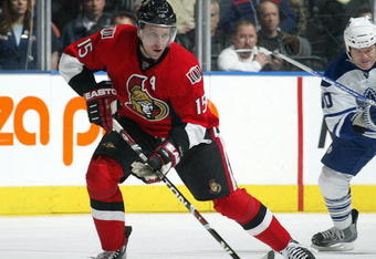 TORONTO - APRIL 11:  Dany Heatley #15 of the Ottawa Senators skates with the puck in a game against the Toronto Maple Leafs on April 11, 2009 at the Air Canada Centre in Toronto, Ontario. The Leafs defeated the Senators on the strength of a 3 goal performance by Boyd Devereaux #22. (Photo by Claus Andersen/Getty Images) 