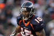 DENVER - DECEMBER 21: Wide receiver Brandon Marshall #15 of the Denver Broncos makes a 24 yard reception before fumbling the ball to the Buffalo Bills in the third quarter during NFL action at Invesco Field at Mile High on December 21, 2008 in Denver, Colorado. The Bills defeated the Broncos 30-23. (Photo by Doug Pensinger/Getty Images)