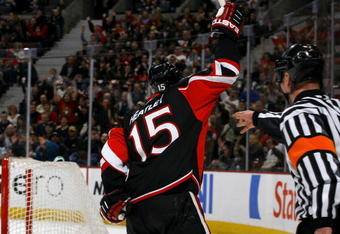 OTTAWA - FEBRUARY 19:  Dany Heatley #15 of the Ottawa Senators celebrates a goal against the Vancouver Canucks in a game on February 19, 2009 at the Scotiabank Place in Ottawa, Canada. (Photo by Phillip MacCallum/Getty Images)