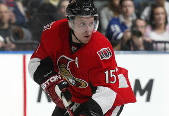 TORONTO - APRIL 11:  Dany Heatley #15 of the Ottawa Senators skates with the puck in a game against the Toronto Maple Leafs on April 11, 2009 at the Air Canada Centre in Toronto, Ontario. The Leafs defeated the Senators on the strength of a 3 goal performance by Boyd Devereaux #22. (Photo by Claus Andersen/Getty Images) 