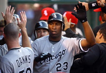 ANAHEIM, CA - MAY 25:  Jermaine Dye #23 of the Chicago White Sox is congratulated by teammates after hitting a three-run homerun in the second inning against the Los Angeles Angels of Anaheim at Angel Stadium on May 25, 2009 in Anaheim, California.  (Photo by Jeff Gross/Getty Images)