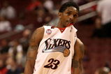 PHILADELPHIA - APRIL 30:  Lou Williams #23 of the Philadelphia 76ers walks with his jersey in his mouth against the Orlando Magic during Game Six of the Eastern Conference Quarterfinals at Wachovia Center on April 30, 2009 in Philadelphia, Pennsylvania. NOTE TO USER: User expressly acknowledges and agrees that, by downloading and or using this photograph, User is consenting to the terms and conditions of the Getty Images License Agreement.  (Photo by Nick Laham/Getty Images)