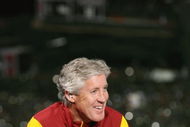 PASADENA, CA - JANUARY 1:  Head coach Pete Carroll of the USC Trojans smiles on the ESPN College Game Day set after the game against the Penn State Nittany Lions on January 1, 2009 at the Rose Bowl in Pasadena, California.  USC won 38-24.  (Photo by Jeff Golden/Getty Images)