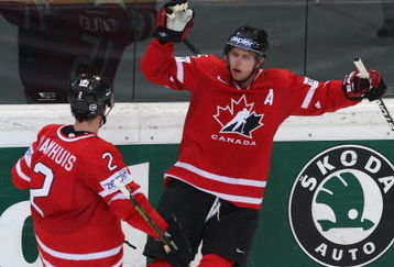 BERN, SWITZERLAND - MAY 07:  Dany Heatley of Canada celebrates with team-mate Dan Hamhuis after scoring during the IIHF World Championship Quarter-Final between Canada and Latvia at the PostFinance Arena on May 7, 2009 in Bern, Switzerland.  (Photo by Mike Hewitt/Getty Images)