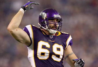 MINNEAPOLIS - SEPTEMBER 12:  Jared Allen #69 of the Minnesota Vikings celebrates on the field during the game against the Indianapolis Colts at the Metrodome on September 14, 2008 in Minneapolis, Minnesota. (Photo by: Jeff Gross/Getty Images)