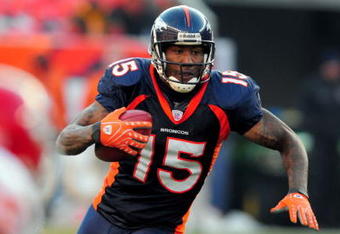 DENVER - DECEMBER 9:  Brandon Marshall #15 of the Denver Broncos heads upfield with a reception in the first half of the football game against the Kansas City Chiefs at Invesco Field at Mile High December 9, 2007 in Denver, Colorado.  (Photo by Steve Dykes/Getty Images)