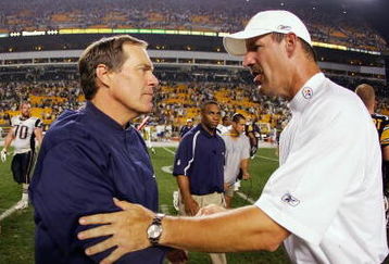 PITTSBURGH - SEPTEMBER 25:  Head coach Bill Belichick of the New England Patriots shakes hands with head coach Bill Cowher of the Pittsburgh Steelers following the game at Heinz Field on September 25, 2005 in Pittsburgh, Pennsylvania. The Pats defeated the Steelers 23-20.  (Photo by Harry How/Getty Images)