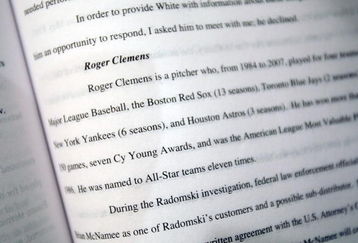 NEW YORK - DECEMBER 13:  A page mentioning All-Star pitcher Roger Clemens is seen in the report released by former Senator George J. Mitchell, the lead investigator in Major League Baseball's steroid scandal, December 13, 2007 in New York City. Mitchell was expected to name dozens of players linked to performance-enhancing substances.  (Photo by Mario Tama/Getty Images)