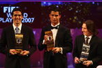 ZURICH, SWITZERLAND - DECEMBER 17:  (L-R) Kaka of AC Milan and Brazil winner of World Player,Cristiano Ronaldo third placed, of Manchester United and Portugal and Lionel Messi runner up of Barcelona and Argentina pose with their awards during the FIFA World Player of The Year Gala 2007 at the Zurich Opera House on December 17, 2007 in Zurich, Switzerland.  (Photo by Michael Steele/Getty Images)