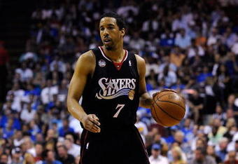 ORLANDO, FL - APRIL 22:  Andre Miller #7 of the Philadelphia 76ers sets up a play against the Orlando Magic in Game Two of the Eastern Conference Quarterfinals during the 2009 NBA Playoffs at Amway Arena April 22, 2009 in Orlando, Florida.   NOTE TO USER: User expressly acknowledges and agrees that, by downloading and/or using this Photograph, user is consenting to the terms and conditions of the Getty Images License Agreement.  (Photo by Sam Greenwood/Getty Images)
