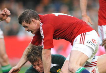 DURBAN, SOUTH AFRICA - JUNE 20:  Lee Byrne of the British and irish Lions tackled by Frans Steyn of South Africa with Brian O'Driscoll in support during the First Test match between the South African Springboks and the British and Irish Lions at the Kings Park Stadium on June 20, 2009 in Durban, South Africa.  (Photo by Duif du Toit/Gallo Images/Getty Images)