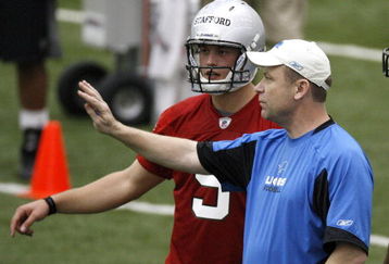 ALLEN PARK, MI - MAY 01: Offensive coordinator Scott Linehan of the Detroit Lions talks with Matthew Stafford #9 during rookie orientation camp at the Detroit Lions Headquarters and Training Facility on May 1, 2009 in Allen Park, Michigan.  (Photo by Gregory Shamus/Getty Images)