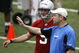 ALLEN PARK, MI - MAY 01: Offensive coordinator Scott Linehan of the Detroit Lions talks with Matthew Stafford #9 during rookie orientation camp at the Detroit Lions Headquarters and Training Facility on May 1, 2009 in Allen Park, Michigan. (Photo by Gregory Shamus/Getty Images)