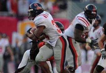 DALLAS - JANUARY 02:  Brandon Bolden #34 of the Mississippi Rebels during play against the Texas Tech Red Raiders during the AT&T Cotton Bowl on January 2, 2009 at the Cotton Bowl in Dallas, Texas.  (Photo by Ronald Martinez/Getty Images)