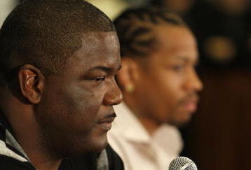 AUBURN HILLS, MI - NOVEMBER 04:  President of Basketball Operations Joe Dumars of the Detroit Pistons introduces Allen Iverson #1 at press conference after being traded from the Denver Nuggets on November 4, 2008 at the Palace of Auburn Hills in Auburn Hills, Michigan. NOTE TO USER: User expressly acknowledges and agrees that, by downloading and or using this photograph, User is consenting to the terms and conditions of the Getty Images License Agreement.  (Photo by Gregory Shamus/Getty Images)