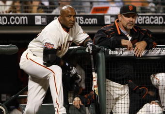 SAN FRANCISCO - SEPTEMBER 26:  Barry Bonds #25 of the San Francisco Giants stands with Giants manager Bruce Bochy #15 before batting in the first inning against the San Diego Padres September 26, 2007 at AT&T Park in San Francisco, California. Tonight will be the final home game for Bonds as a member of the San Francisco Giants.  (Photo by Justin Sullivan/Getty Images)