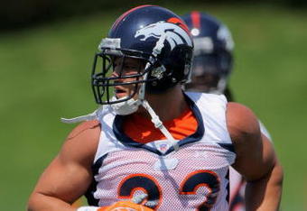 ENGLEWOOD, CO - JUNE 12:  Running back Peyton Hillis #22 of the Denver Broncos warms up during minicamp practice at the Broncos Dove Valley training facility on June 12, 2009 in Englewood, Colorado.  (Photo by Doug Pensinger/Getty Images)
