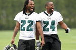PHILADELPHIA - MAY 1: Defensive backs Asante Samuel #22 and Sheldon Brown #24 of the Philadelphia Eagles practice during minicamp at the NovaCare Complex on May 1, 2009 in Philadelphia, Pennsylvania. (Photo by Hunter Martin/Getty Images)