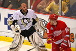 DETROIT - JUNE 06:  Goaltender Mathieu Garon #32 of the Pittsburgh Penguins yells at Marian Hossa #81 of the Detroit Red Wings after Hossa was penalized for obstruction of the goaltender during Game Five of the 2009 NHL Stanley Cup Finals at Joe Louis Arena on June 6, 2009 in Detroit, Michigan.  (Photo by Claus Andersen/Getty Images)