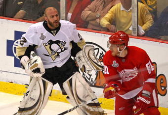 DETROIT - JUNE 06:  Goaltender Mathieu Garon #32 of the Pittsburgh Penguins yells at Marian Hossa #81 of the Detroit Red Wings after Hossa was penalized for obstruction of the goaltender during Game Five of the 2009 NHL Stanley Cup Finals at Joe Louis Arena on June 6, 2009 in Detroit, Michigan.  (Photo by Claus Andersen/Getty Images)