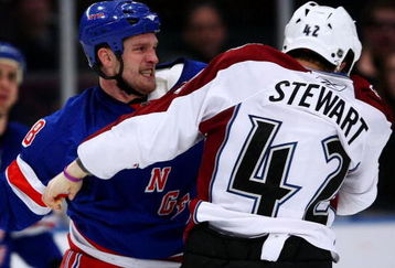 NEW YORK - FEBRUARY 28:  Colton Orr #28 of the New York Rangers fights with Chris Stewart #42 of the Colarado Avalanche during their game on February 28, 2009 at Madison Square Garden in New York City.  (Photo by Chris McGrath/Getty Images)