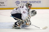 ANAHEIM, CA - MARCH 27:  Goaltender Dwayne Roloson #35 of the Edmonton Oilers gets in position to defend his net during the NHL game against the Anaheim Ducks at Honda Center on March 27, 2009 in Anaheim, California. The Oilers defeated the Ducks 5-3.  (Photo by Victor Decolongon/Getty Images)