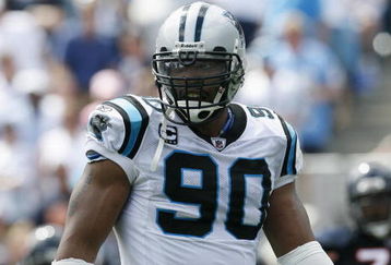 CHARLOTTE, NC - SEPTEMBER 14:  Julius Peppers #90 of the Carolina Panthers looks on during the game against the Chicago Bears at Bank of America Stadium on September 14, 2008 in Charlotte, North Carolina. (Photo by Kevin C. Cox/Getty Images)