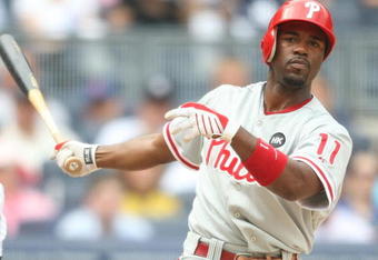 NEW YORK - MAY 24:  Jimmy Rollins #11 of the Philadelphia Phillies at bat against the New York Yankees on May 24, 2009 at Yankee Stadium in the Bronx borough of New York City.  (Photo by Nick Laham/Getty Images)