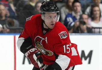 TORONTO - APRIL 11:  Dany Heatley #15 of the Ottawa Senators skates with the puck in a game against the Toronto Maple Leafs on April 11, 2009 at the Air Canada Centre in Toronto, Ontario. The Leafs defeated the Senators on the strength of a 3 goal performance by Boyd Devereaux #22. (Photo by Claus Andersen/Getty Images) 