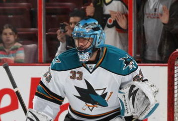 PHILADELPHIA - OCTOBER 22:  Brian Boucher #33 of the San Jose Sharks tends net in warmups prior to the game against the Philadelphia Flyers on October 22, 2008 at the Wachovia Center in Philadelphia, Pennsylvania.  (Photo by Bruce Bennett/Getty Images)
