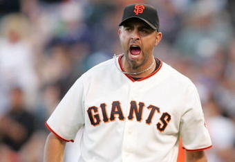 SAN FRANCISCO - MAY 17:  Pitcher Jeremy Affeldt #41of the San Francisco Giants celebrates after the Mets hit in to a double play with the bases loaded to end the eighth inning of their game against the New York Mets at AT&T Park on May 17, 2009 in San Francisco, California.  (Photo by Ezra Shaw/Getty Images)