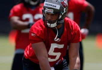 TAMPA, FL - MAY 01:  Quarterback Josh Freeman #5 of the Tampa Bay Buccaneers works out during the Buccaneers Rookie Minicamp at One Buccaneer Place on May 1, 2009 in Tampa, Florida.  (Photo by J. Meric/Getty Images)
