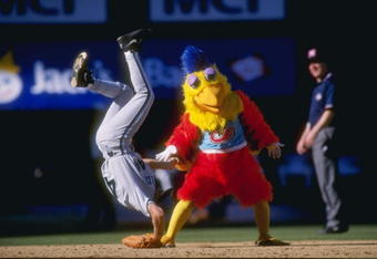 8 Apr 1996:  The San Diego Chicken flips a Florida Marlins player during the San Diego Padres 9-2 win over the Marlins at Jack Murphy Stadium in San Diego, California. Mandatory Credit: Stephen Dunn/Allsport