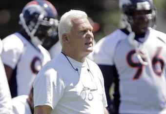 DENVER - JULY 07: Defensive coordinator Larry Coyer of the Denver Broncos leads the defense in a practice during minicamp on July 7, 2006 at the Paul D. Bowlen Memorial Broncos Centre in the Dove Valley Business Park of Englewood, Colorado. Head coach Mike Shanahan has a few new coaches leading his team. (Photo by Brian Bahr/Getty Images)